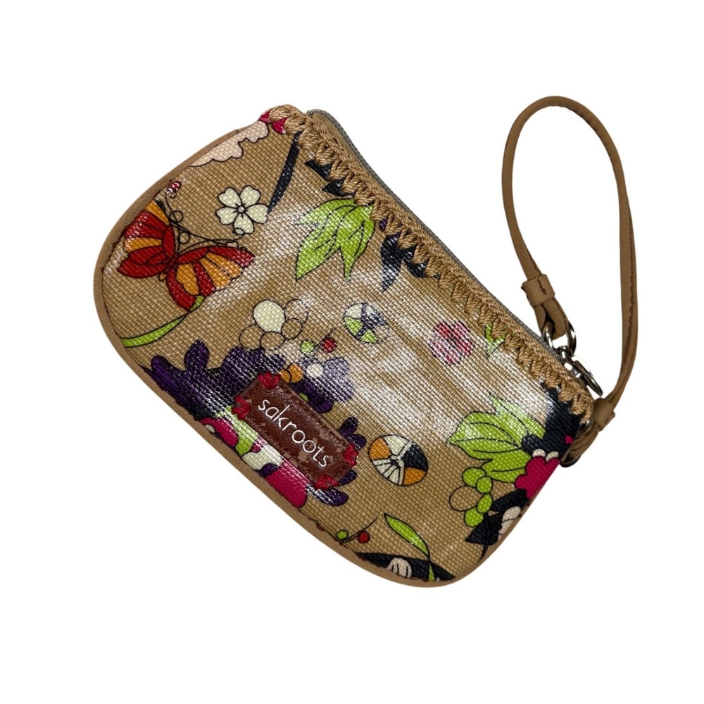Sakroots Wristlet Pouch‎ Women Small Tan Floral Butterfly Boho Coated Canvas